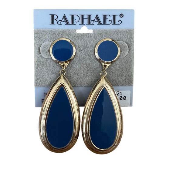 Vintage Raphael Blue Gold Teardrop Statement Earrings NWT - Picture 1 of 7